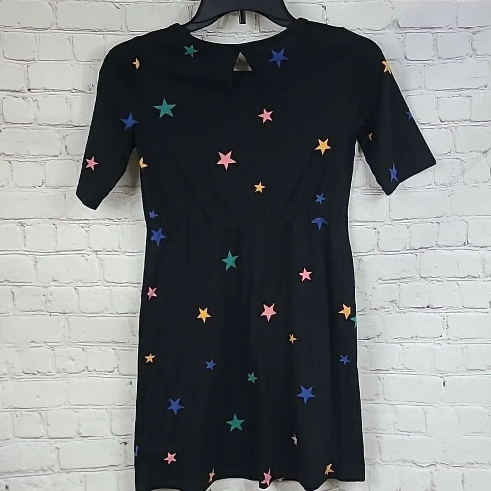 Old Navy Star Print Dress Girls Large 10/12 Black Skater Fit & Flare Casual Cool